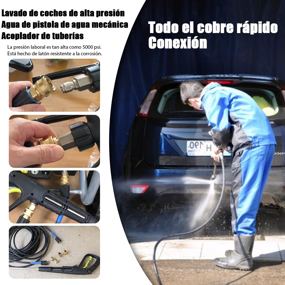 Kit de Adaptadores de Lavadora a Presión M22 14 mm, Acoplamiento Rápido de Latón de 1/4", Acopladores para Limpiadoras a Presión, M22 a 1/4 '', Conector Rápido Alta Presion, 5000PSI