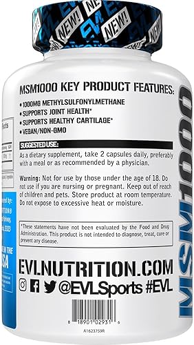 Miniatura 3 de Evlution Nutrition MSM1000-1000 MG Suplemento MSM de metilsulfonilmetano  Apoyo a la salud de las articulaciones  Suplemento para cartílago  Vegano