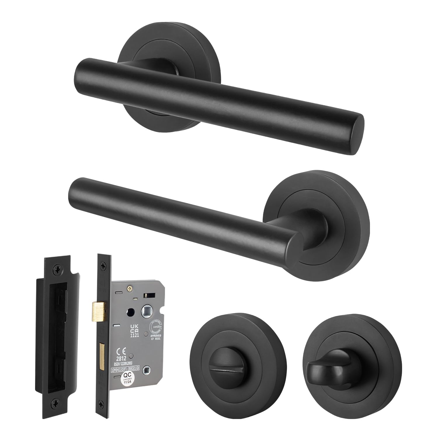 EAI Black Bathroom Door Handles with Lock Set, 1 Pair of Internal Matt T-Bar Round Rose Door Handles and Lock 64mm - Oliena Range โ image 1