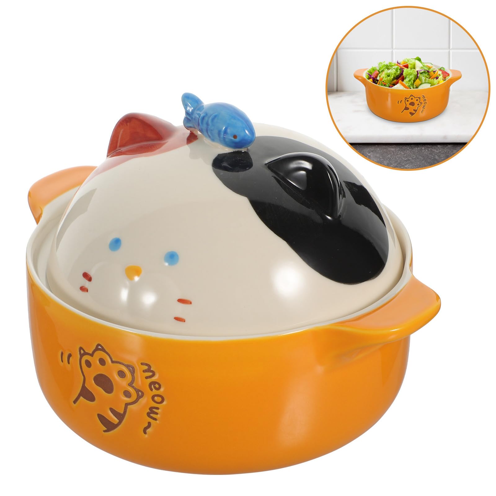 Tazón de Ramen de Cerámica con Diseño de Gato y Tapa 720 Ml | Uso Diario para Sopa, Fideos, Arroz y Frutas, Adecuado en Celebraciones y Reuniones Familiares