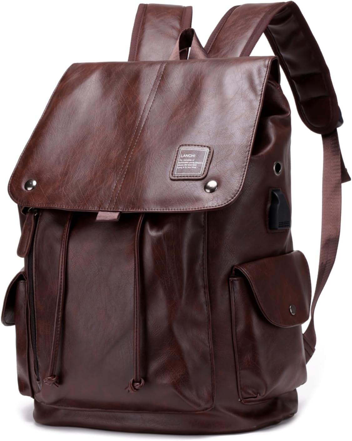 PU leather backpack, casual backpack men women. USB charging port. Suitable for work, commuting, traveling, etc. (Brown)