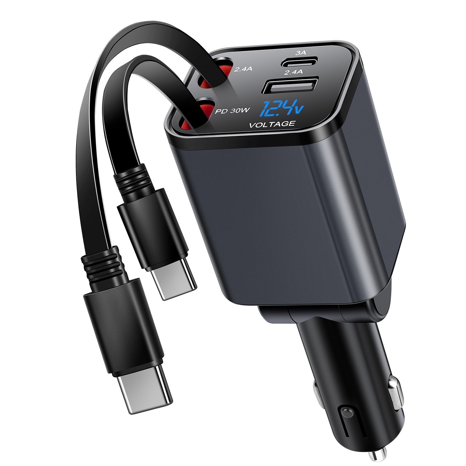 Kwak‘s einziehbares Autoladegerät,4 in 1 USB C Zigarettenanzünder Adapter mit Dual Type C Kabel Schnellladung Kompatibel mit iPhone 16 15, Samsung S25/24/23/22 (Type-C+Type-C)