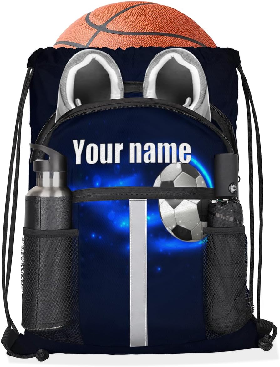 Personalized Drawstring Backpack Soccer Ball String Backpack Lightweight Cinch Sacks Backpack with Shoe Compartment Men Women Custom Gift Bag for Camping Beach Swim Yoga
