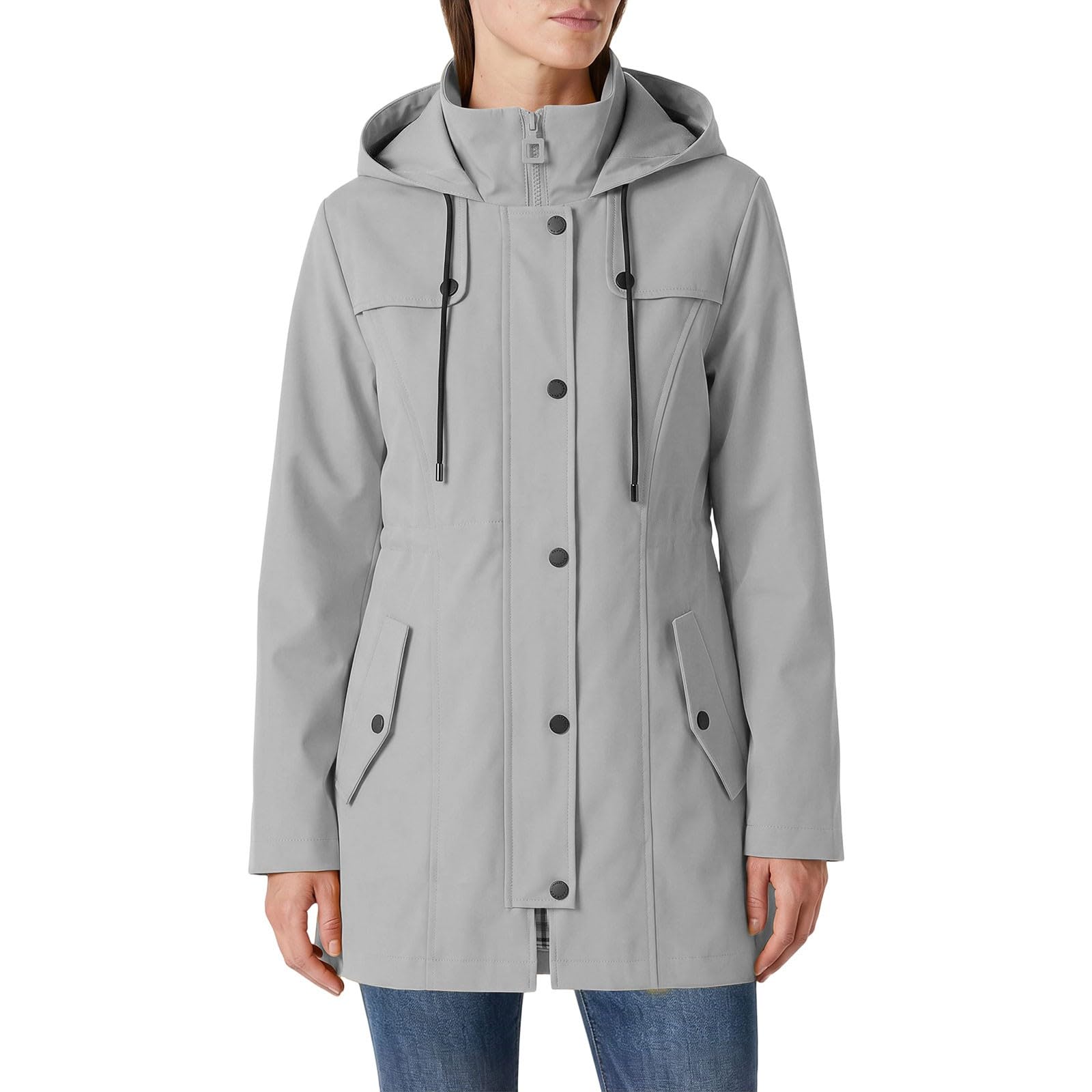 Regenjacke Damen Lang Wasserdichte Atmungsaktive Kapuzenjacke Outdoor Windjacke Knopf Reißverschluss 2 in 1 Wanderjacke Herbst Jacke Übergangsjacke Moderne Freizeitjacke Einfarbige Mantel mit Kapuzen