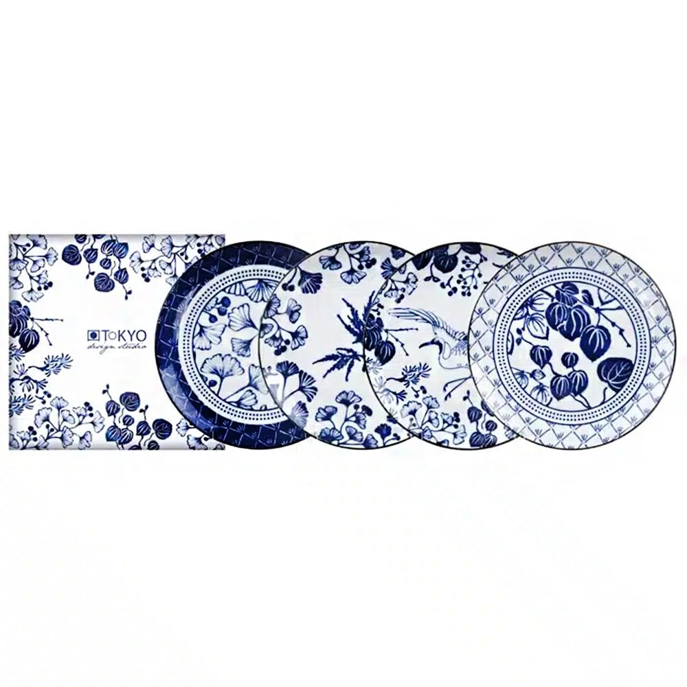 TOKYO design studio – Flora Japonica Teller-Set (4-tlg.), 20,6cm | Hochwertiges Porzellan – spülmaschinen- & mikrowellengeeignet – individuelle Muster – mit Geschenkbox – Hergestellt in Japan