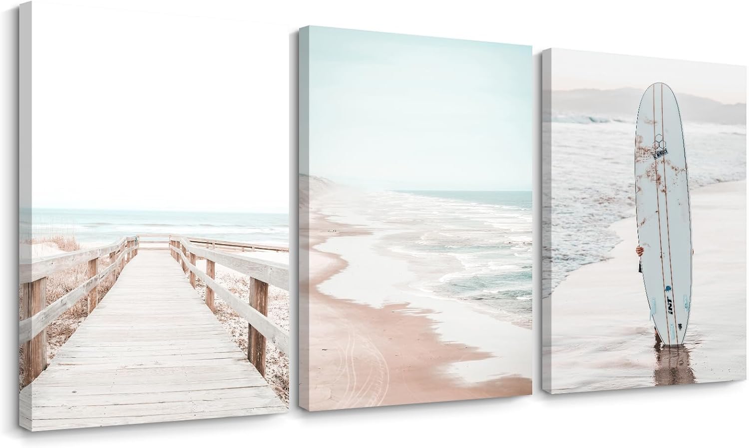 Lianyibo Frameless Beach Coastal Wall Art Pictures Beachy Ocean Canvas Wall Decor Surfboard Beach Painting Poster Prints For Bathroom Room(60X80cmx3/Frameless)
