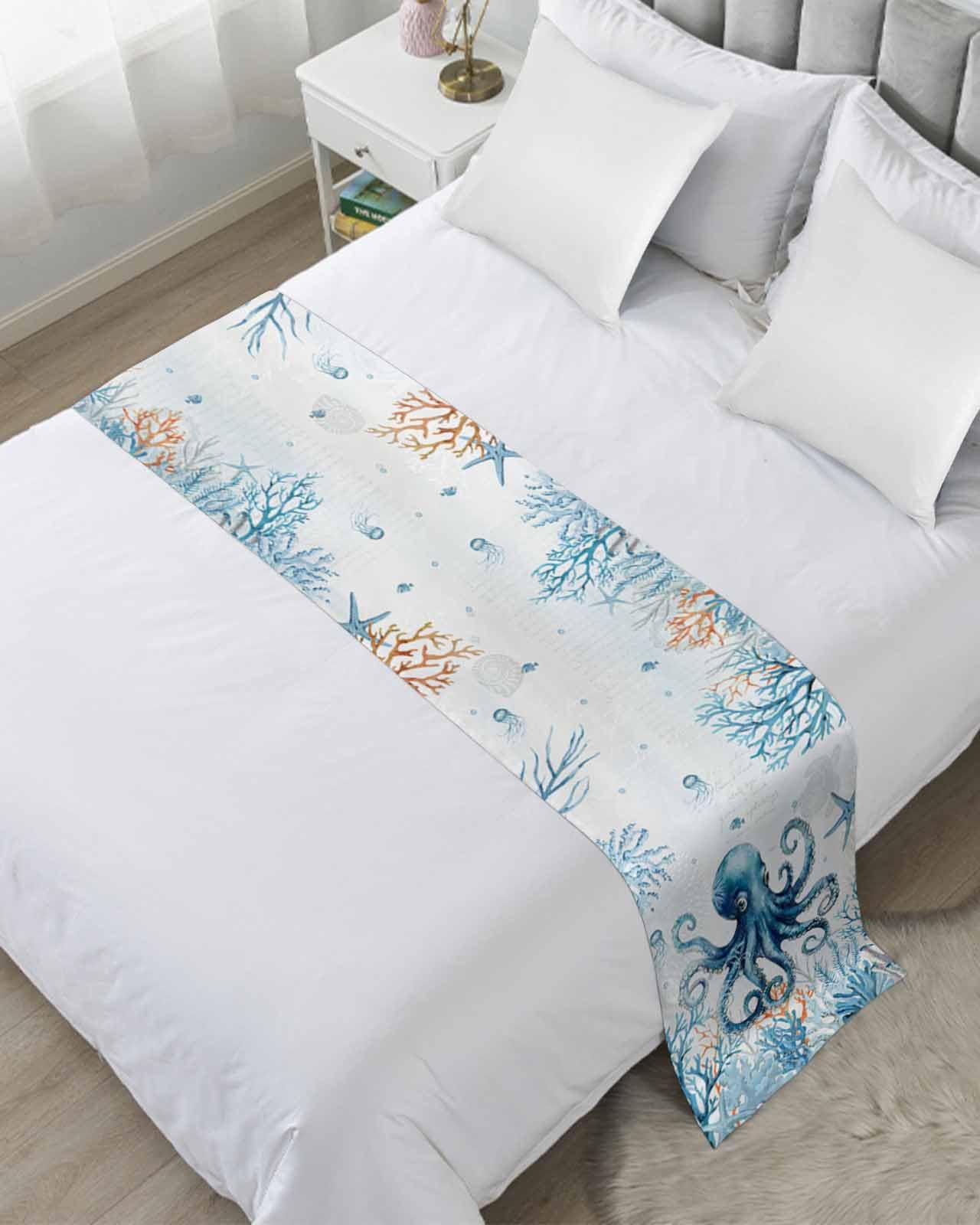 King Bed Runner Blue Octopus Ocean Coral Starfish Bedding Runner Scarves Decorative Bed Scarf, Underwater World Soft Bed Runners for Bedroom Hotel Wedding 102x20IN