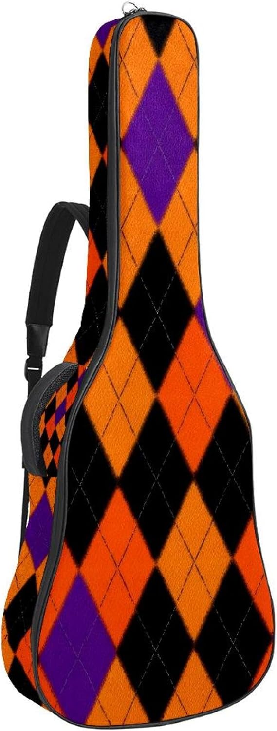 Acoustic Guitar Gig Bag 10mm Thick Padding, Soft Waterproof Guitar Case with Adjustable Backpack Straps for 40-42 Inch Guitar, Orange Purple and Black Halloween Argyle Pattern