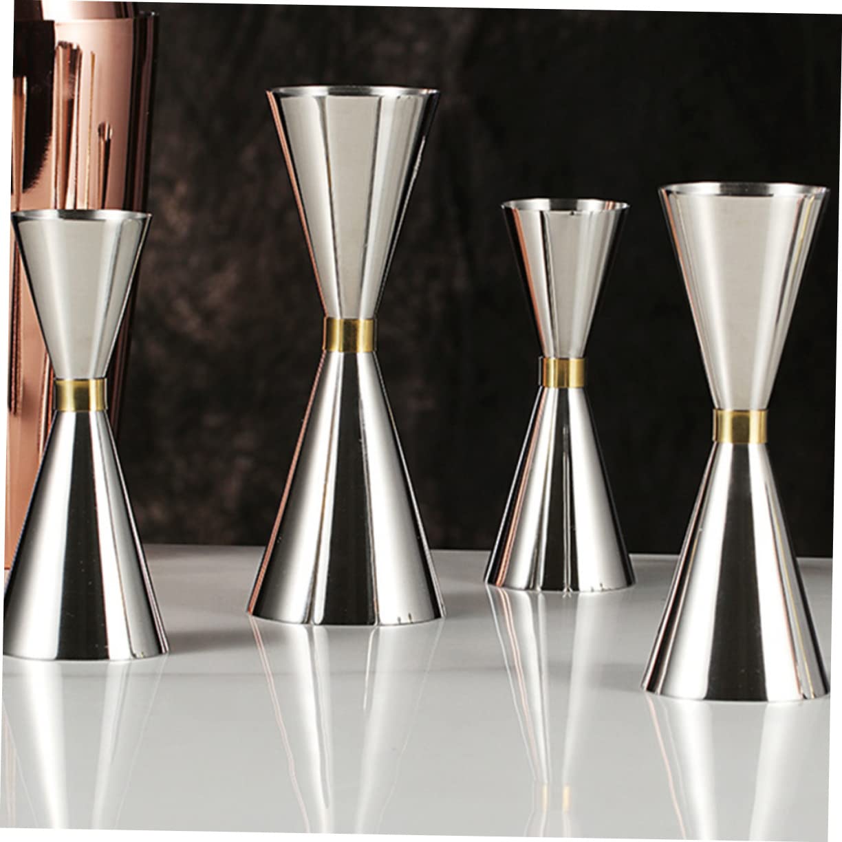 GRIRIW Cocktail Jiggers Steel Cups Drink Strainer Embossed Measuring Cup Bar Tool