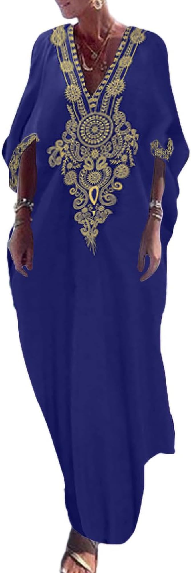 Gold Embroidery Long Kaftan Dresses V Neck Caftan Dress Beach Cover Ups for Women Embroidery