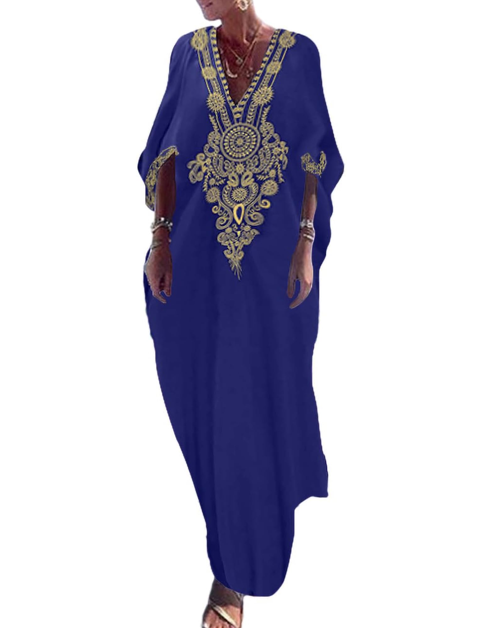Gold Embroidery Long Kaftan Dresses V Neck Caftan Dress Beach Cover Ups for Women Embroidery