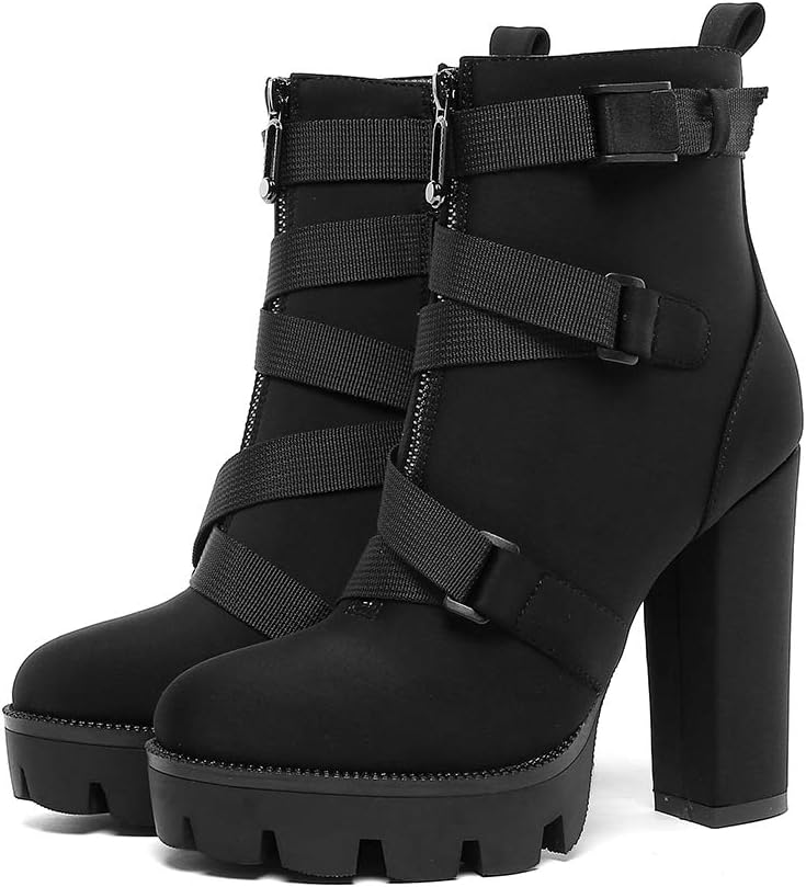 DETOGNI Women's Fashion Platform Block High Heel Booties Buckle Strap Zipper Ankle Boots - Image 2