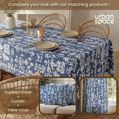 Image of Urban Space 100% Cotton Dining Table Cover for 6 Seater, Printed Cotton Table Cloth for Center Table, 48 inch X 92 inch (Twigs Indigo, 6 Seater)