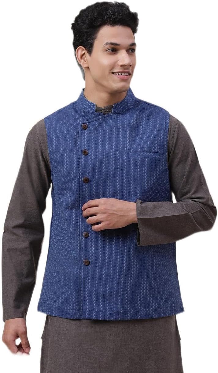 Blue Cotton Woven Nehru Jacket