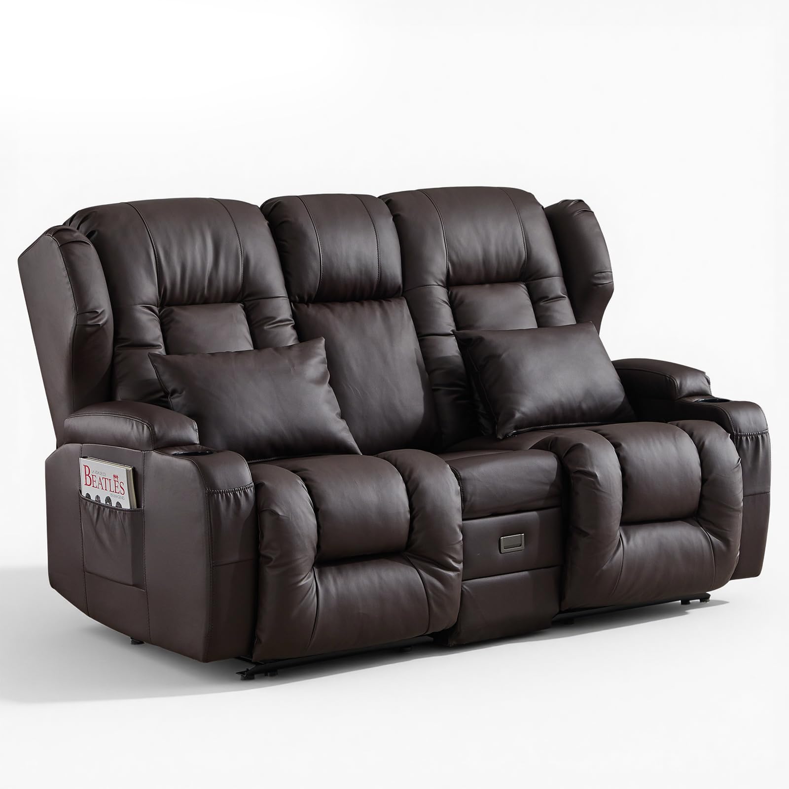 Kinosessel 2-Sitzer manuell, Relaxsessel mit Liegefunktion & Getränkehalter, Doppel-Fernsehsessel Relaxsofa verstellbar mit Klappkonsole, Heimkino Sofa Zweisitzer für Wohnzimmer, Kunstleder
