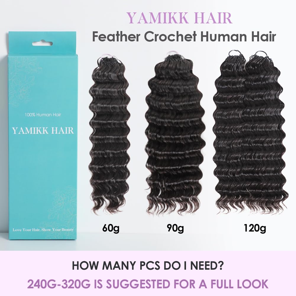 Yamikk Feather Crochet Human Hair for Women 18 Inch Pre-Separated Pre-Looped Miracle Knots Crochet Hair Extensions Deep Wave Human Crochet Hair Bundles 60g/1 pack Natural Black