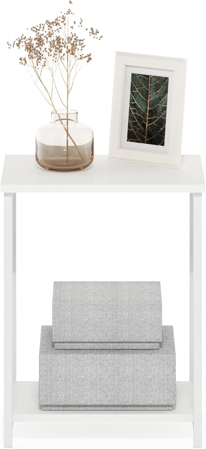 Furinno Simplistic Side Table, 2-Tier Metal Frame Modern End Table with Open Shelf, Night Stand, Bedside Table, for Living Room, Bedroom, White