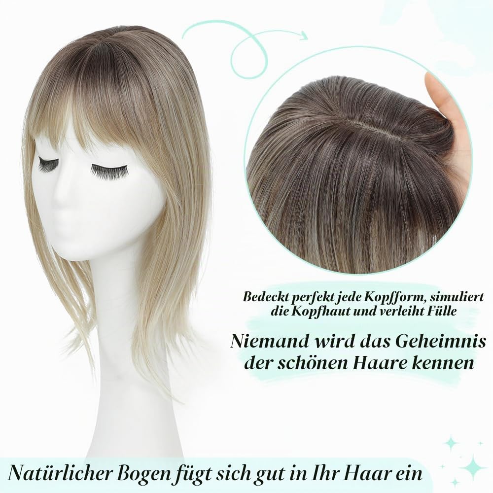 Fine Plus 360°-Abdeckung Pony, 45,7 cm, Clip-in-Fransen, natürliche synthetische Haar-Topper mit Pony, flauschig, zart, Haarteile für Damen, den täglichen Gebrauch und Partys (blond mit dunkler Wurzel