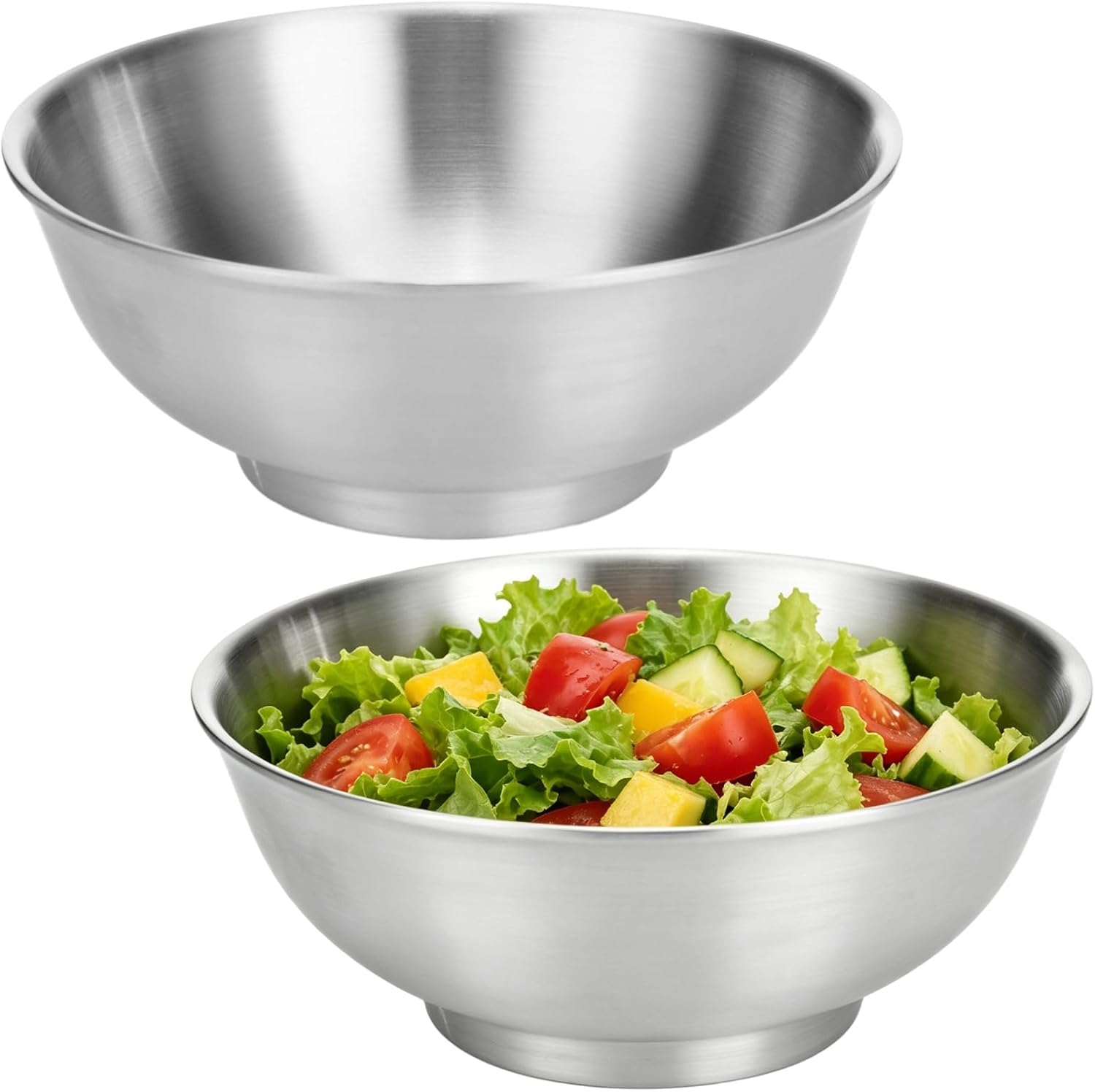 Large Soup Bowls 54 Oz, 2 Pcs 304 Stainless Steel Silver Bowl, 8.7×3.5Inch Double Wall Insulated Bowls, Brushed Finish Metal Bowl Set for Soup, Salad, Ramen, Cereal
