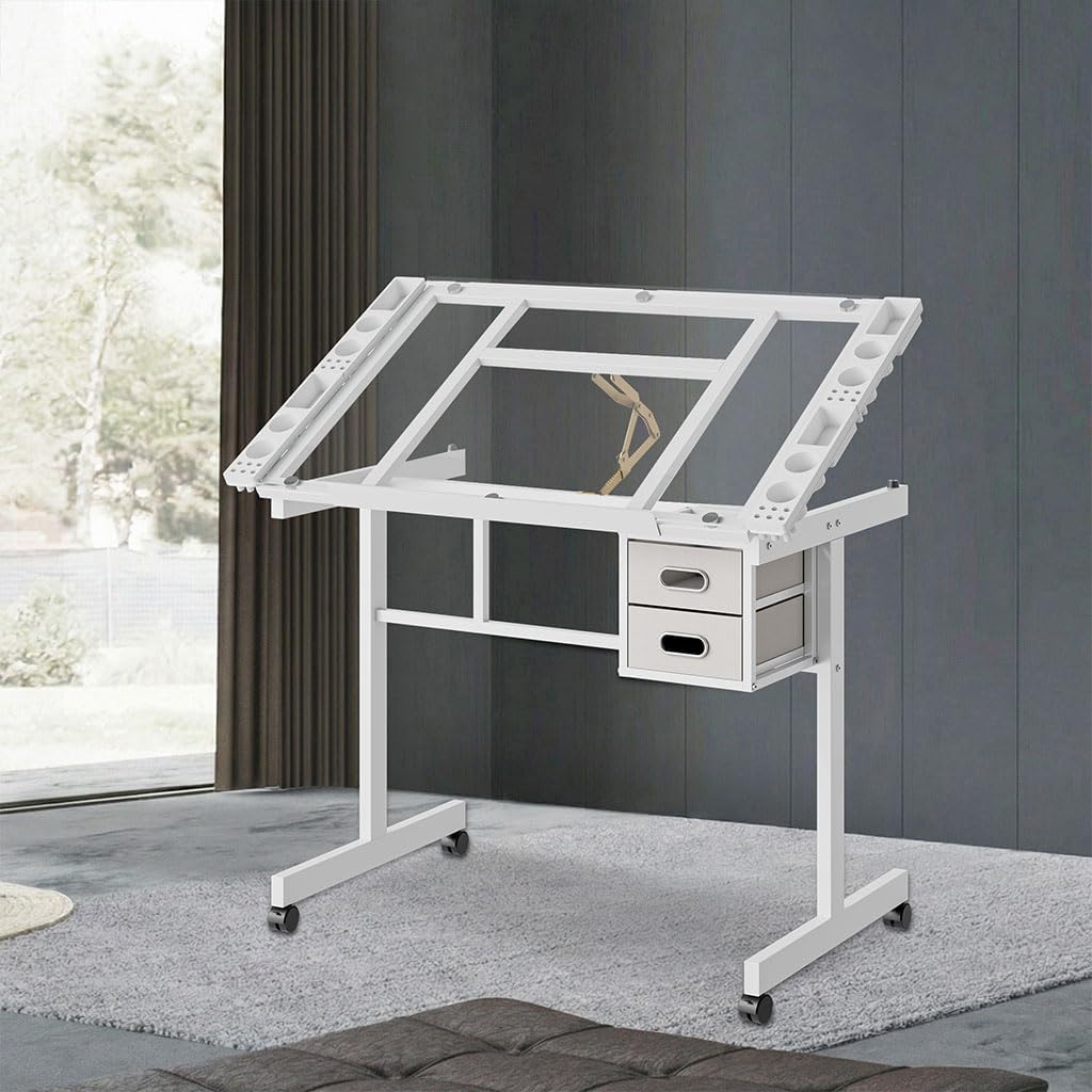 Drafting Table, Adjustable Art Desk Art Table with 2 Slide Rolling Wheels and Drawers, Multifunctional Art Craft Workstation for Artist Painters Home Office,White