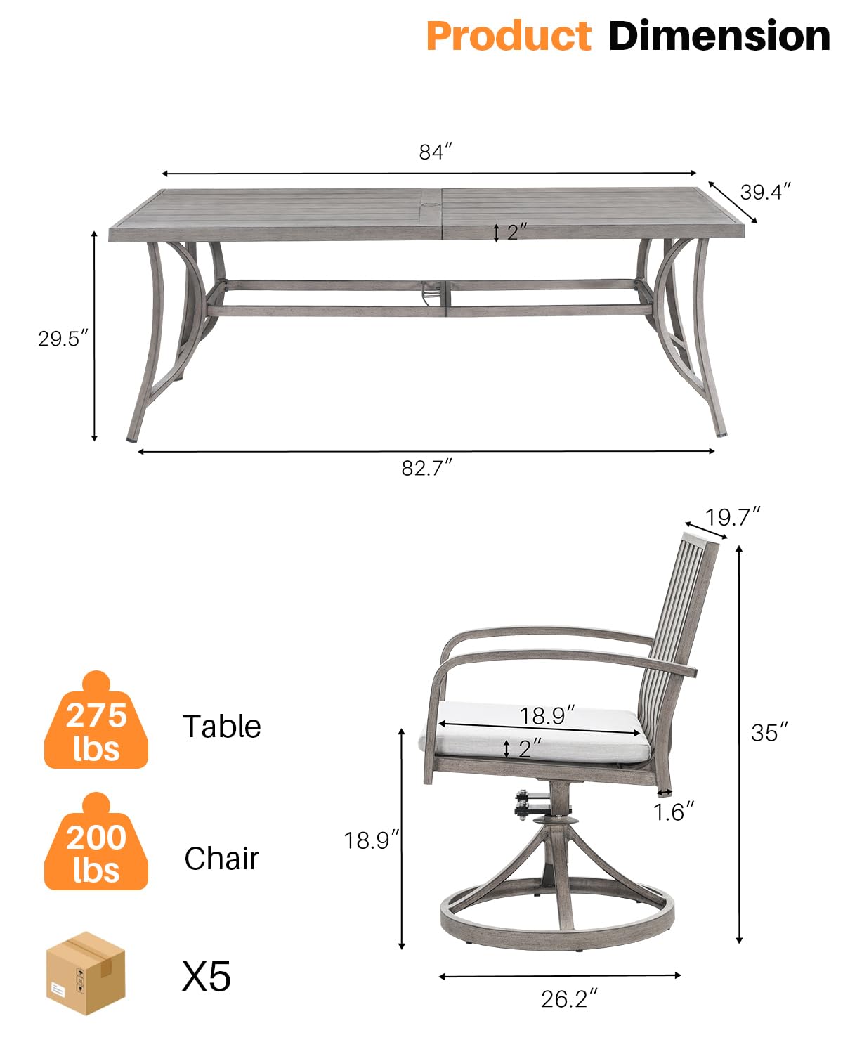 Juego de comedor al aire libre de 9 piezas, juego de comedor de aluminio de roble limado con sillas giratorias, juego de mesa y sillas de patio para todo tipo de clima para 8 personas con 3