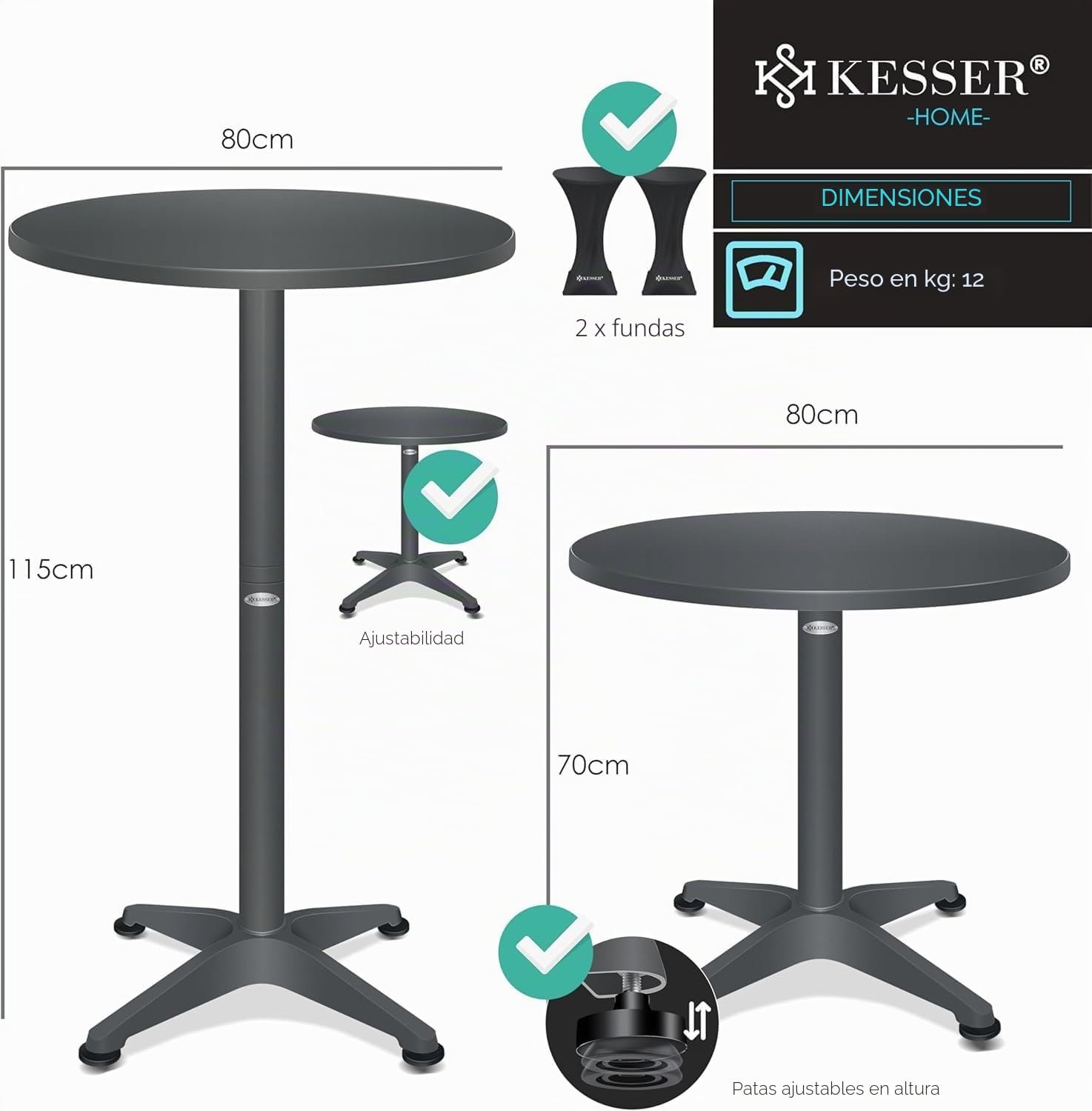KESSER® Juego de 2 mesas altas 2 en 1, placa de aluminio y acero inoxidable, altura regulable 70 cm/115 cm, mesa de fiesta de 80 cm de diámetro, redonda, para interior y exterior, incluye funda