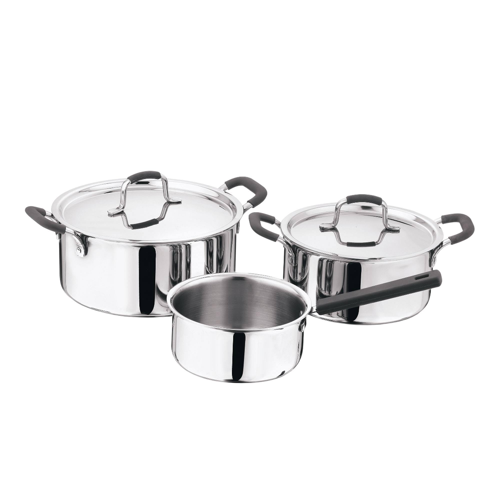 MasterPRO - Set of 5 Triple Frying Pans - 1 Saucepan 16 cm - 1 Casserole with Lid 20 cm - 1 Casserole with Lid 24 cm - Casserole with Silicone Handle - Stainless Steel Lid