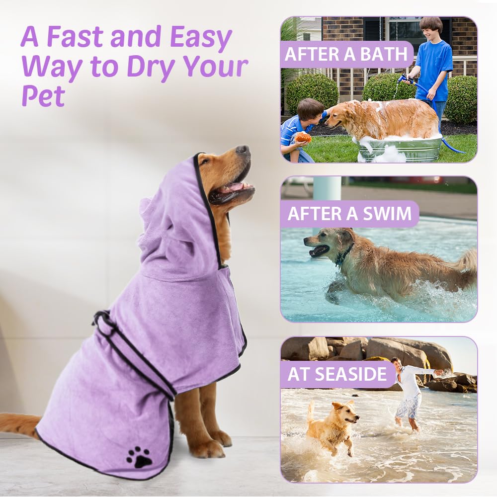 COMFPET Bathrobe Accappatoio per cani per il dopo bagno, asciugamano per animali da bagno, accappatoio con cappuccio per cani e gatti di tutte le razze, asciugamano assorbente, L (viola)