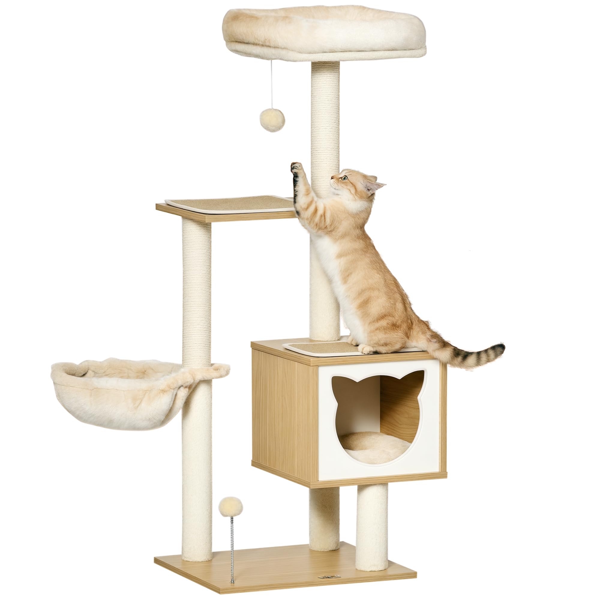 PawHut Árbol Rascador para Gatos 126 cm con Plataformas Hamaca Cueva Beige | Árbol para Gatos, Torre Escalador, Cama, Postes de Sisal, Bolas, Cojines Lavables