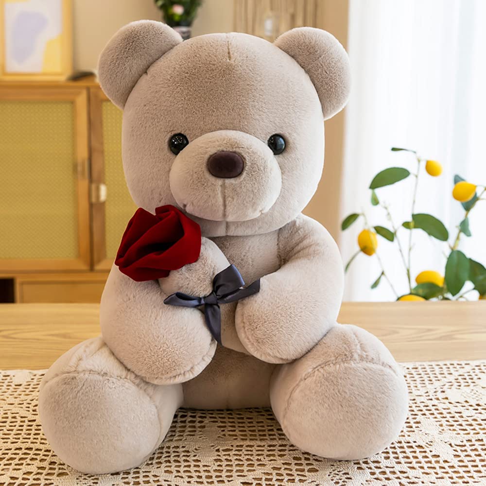 Annco Valentine Teddy Bear Plush Toy - Soft Stuffed Animal with Rose Flower, for Her/Girlfriend on Valentine's Day, Christmas, Anniversaries (Brown, 35cm(13.8"))