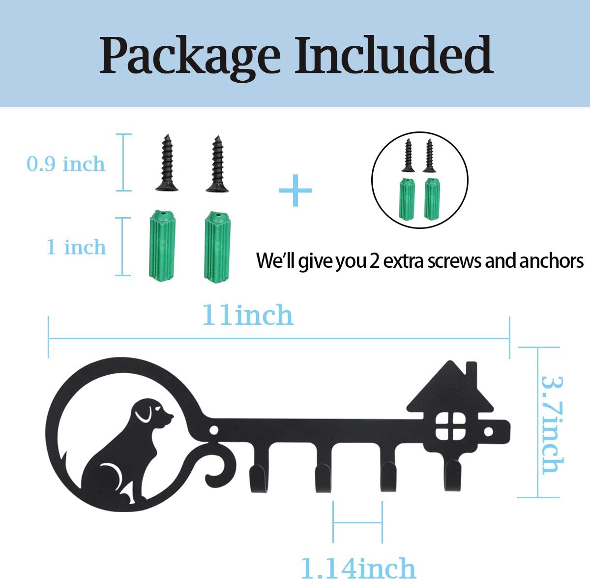 UptoBillions Decorative Wall Mounted Iron Key Holder for Wall, 11 inch with 4 Key Hooks Organizer for car or House Keys, Key Rack with Screws and Anchors (Dog and Home, Black)