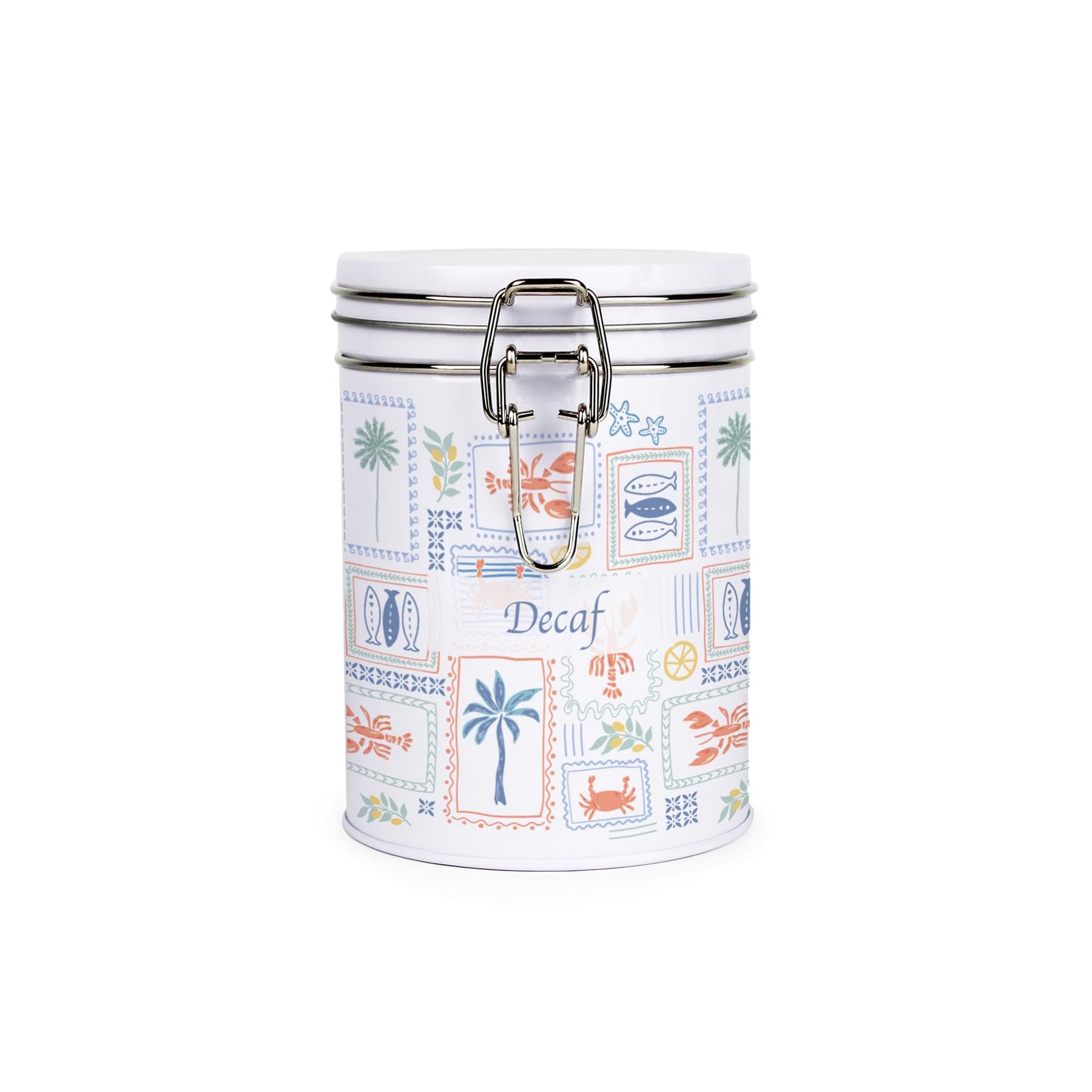 Purely Home Mediterranean Summer Decaf Canister - Metal Clip Lid Kitchen Storage Container Gift 700ml (13cm x 9.5cm)