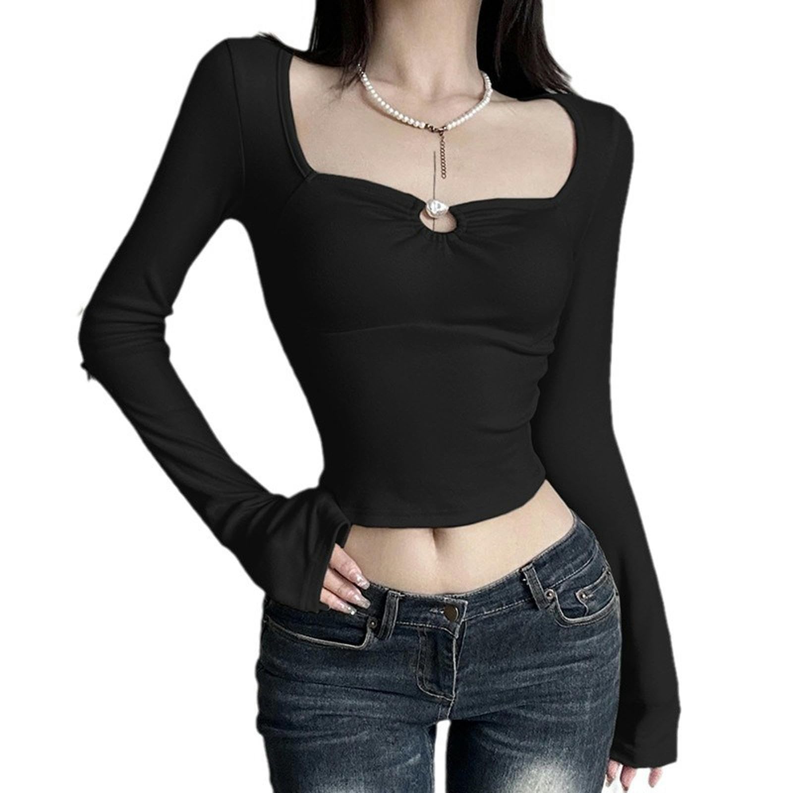 T-shirt col carré manches longues noir style de printemps