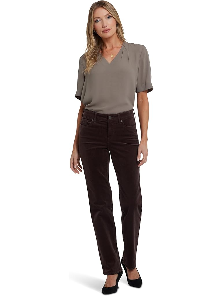Brown NYDJ Petite Marilyn Straight Corduroy Pants in Bitter Chocolate