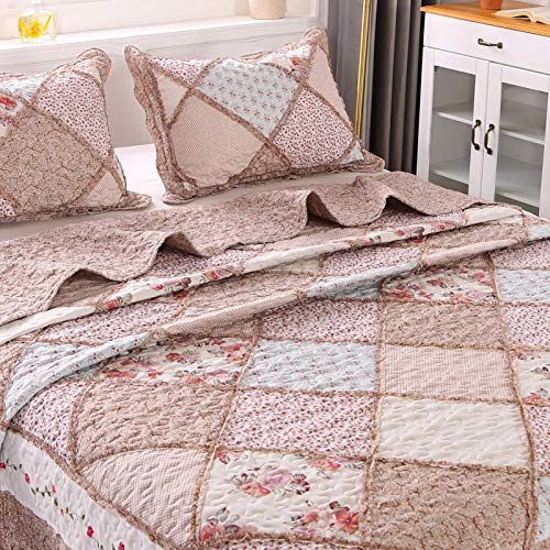 Vivilinen Patchwork Quilt Set Full Queen Size 3-Piece Pink Floral Reversible Quilted Bedspread Coverlet Set Lightweight Stitched Comforter Bedding Set Bed Sheet Set Cover Blanket With 2 Pillow Shams #TOP3
