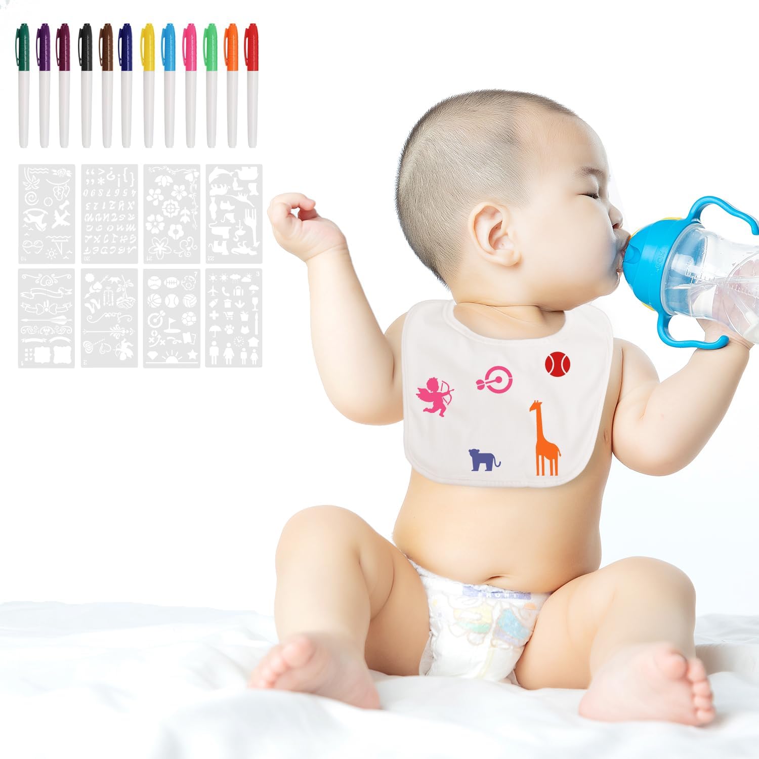 PEUTIER 24pcs DIY Baby Bib Decorating Kit, White Baby Bibs for Decorating with 12 Colorful Markers & 8 Stencils Feeder Bibs DIY for Baby Shower Party