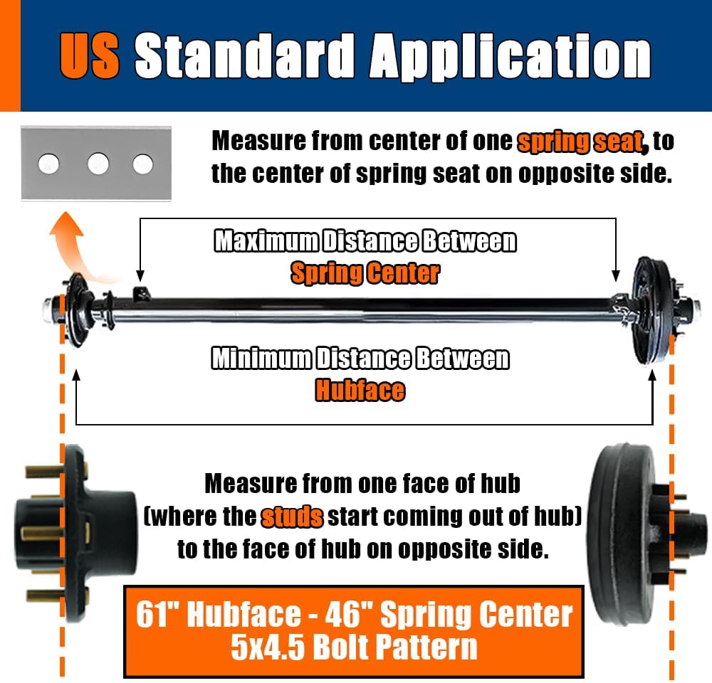 RV MURTS 3500lbs Trailer Axle Kit 5x4.5 Drum Hub, 61" Hubface - 46" Spring Center, Cargo Trailer Leaf Spring Tandem Suspension Parts, U Bolt, Hanger, Shackle for Boat Trailer, RV, Heavy Duty.