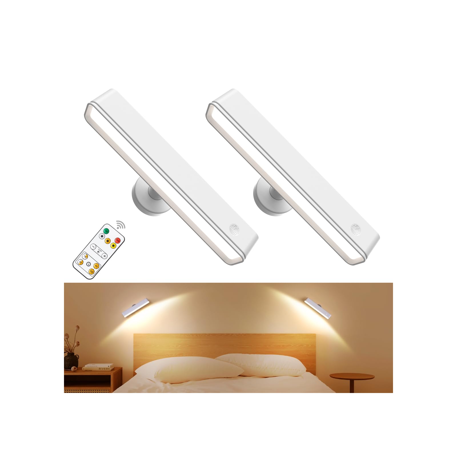 Stick on LED Rechargeable Wall Lights Indoor with 6000mAh Battery Operated, 2 Pack Wireless Wall Sconces with 3 Color Modes 360° Rotate Dimmable, Battery Wall Lamp with Touch & Remote for Living Room