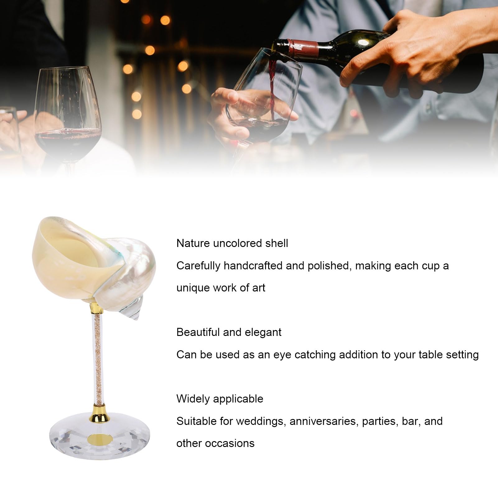 FTVOGUE Copa de Vino con Forma de Caracola, Copa Artesanal Pulida con Diseño único de Concha Natural sin Teñir, Ideal para Bodas, Fiestas, Bares y cócteles. (WHITE)