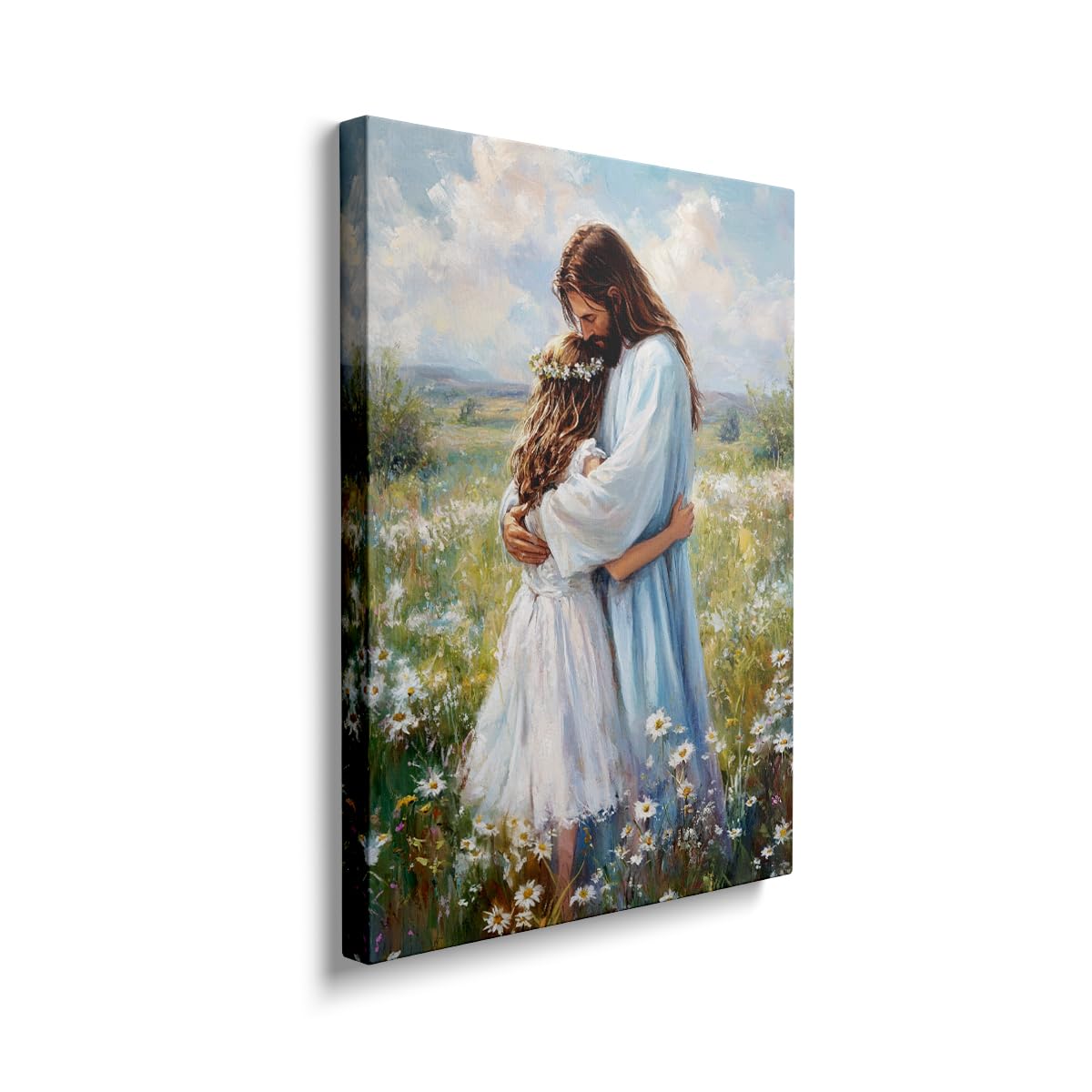 christian wall art jesus picture canvas framed artwork with girl in daisy field religious jesus christ wall decor inspirational painting for living room bedroom home christian artwork 16x24 inches