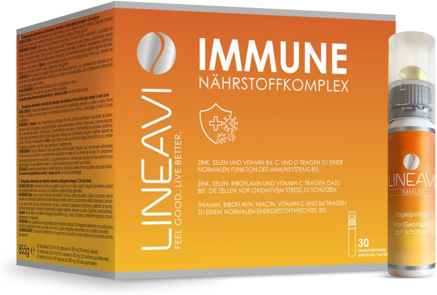 LINEAVI Immune, with Vitamins, Minerals and Omega-3 Fatty acids, Supports The Immune System and Energy Metabolism, Made in Germany, Over-The-Counter, 30 Drinking Bottles/Capsules