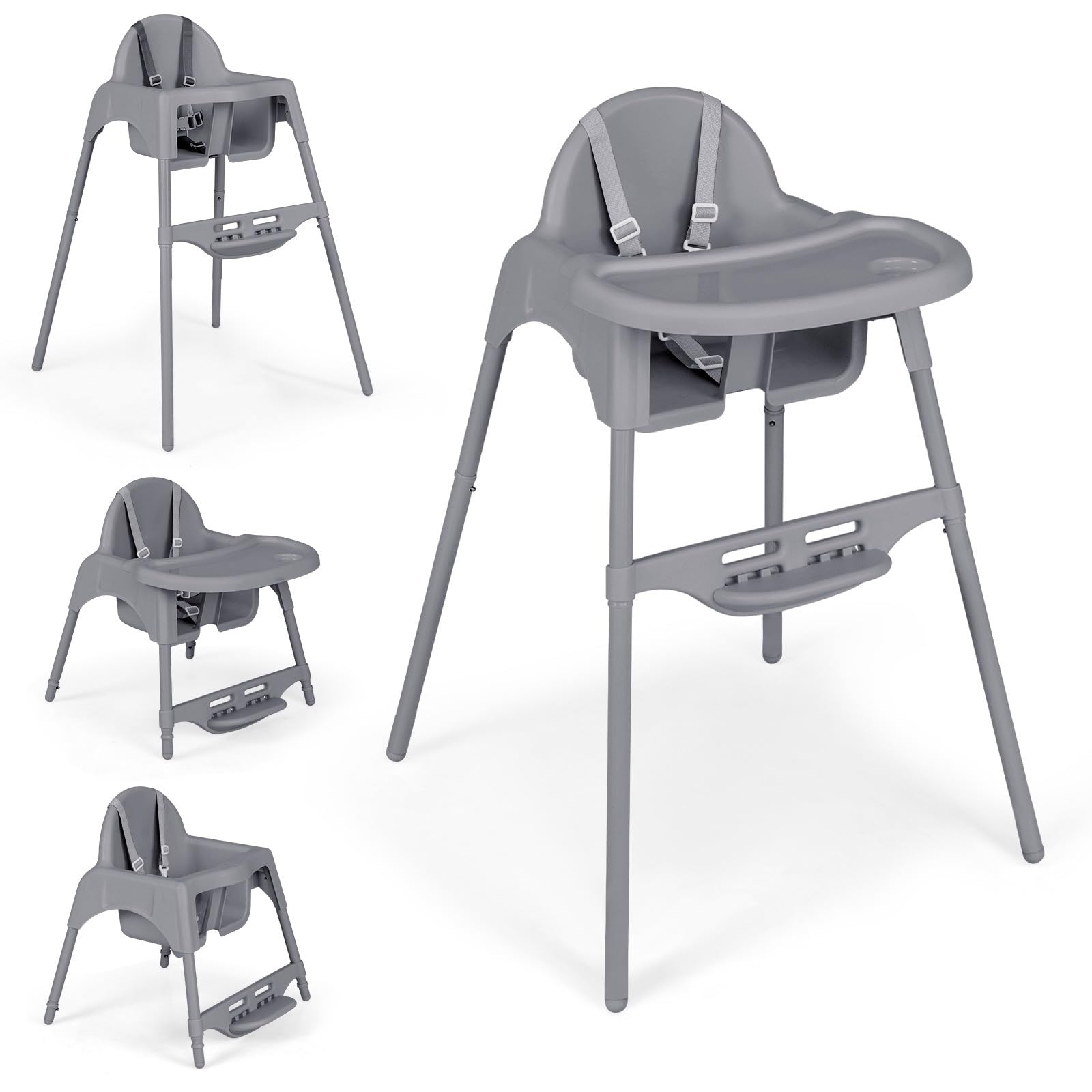 LIFEZEAL 4 en 1 Chaise Haute Bébé évolutive, Hauteur Réglable 4 Positions, Chaise Haute Bebe avec Repose-pieds, Plateau Réglable Amovible, Ceinture de Sécurité, 6-36 mois (Gris)