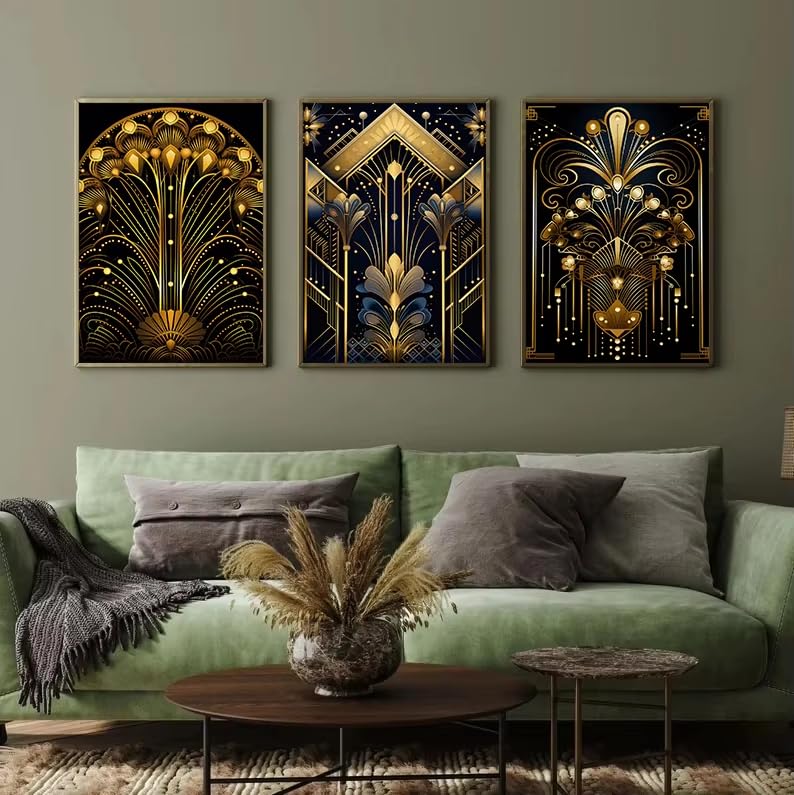 Affiche Gatsby Art Déco noir et or | Toile vintage triparthite 50x75 cm sans cadre