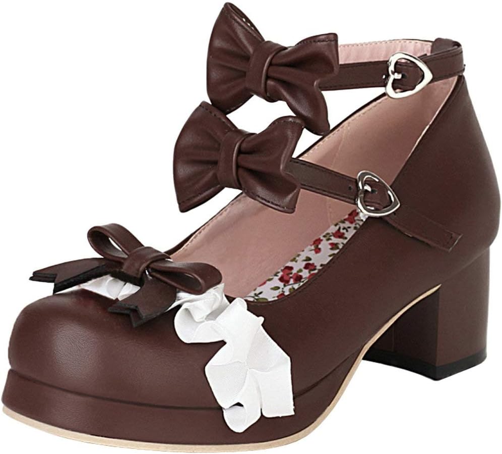 KOKOMOMO Womens Sweet Cute Kawaii Platform Cosplay Shoes Chunky Mid Heels Mary Janes with Bow Buckles Strappy Pumps