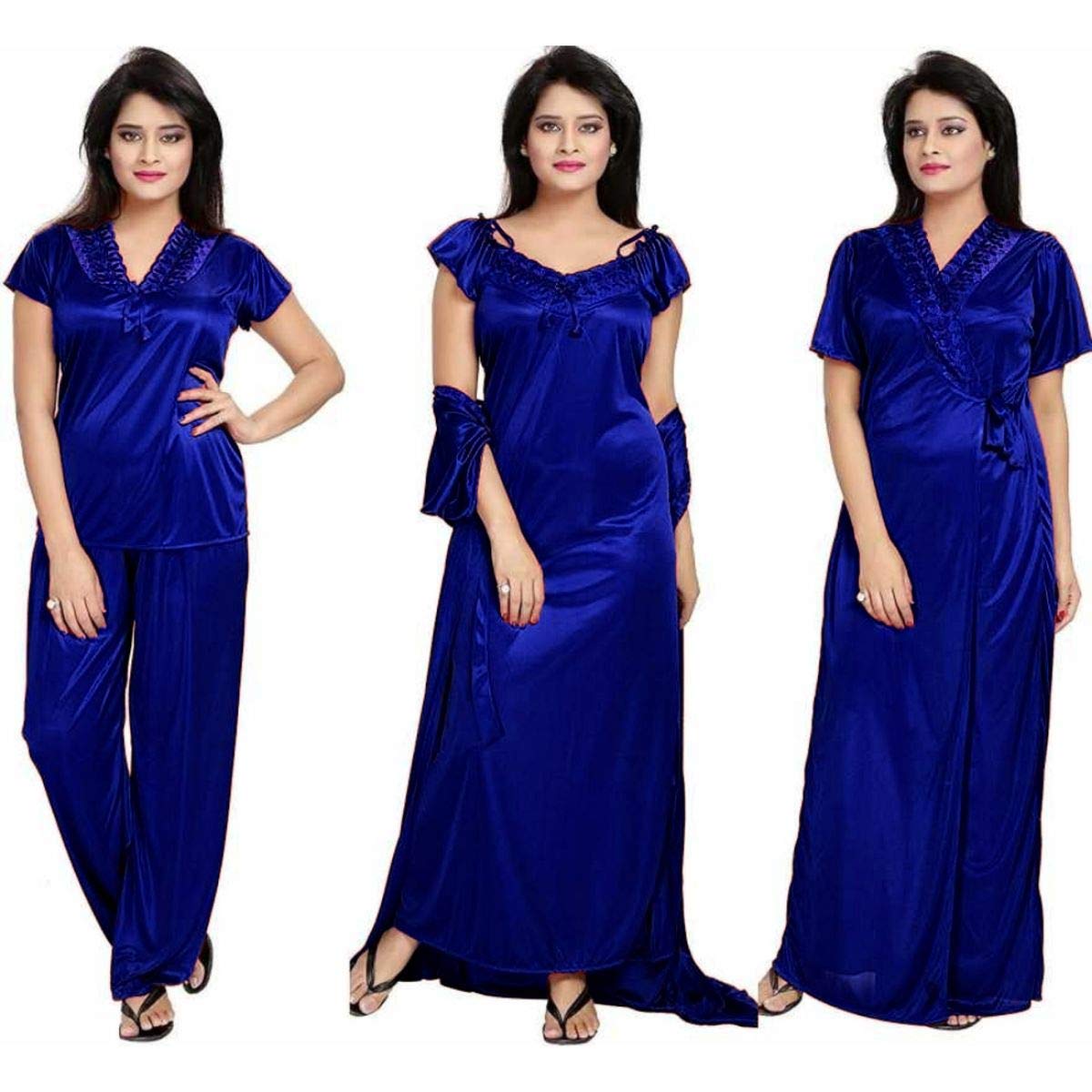women's satin solid nightwear set pack of 4 satin nighty set for women sexy nighty stylish sexy hot satin 4 piece setnighty set/honeymoon wear/nightdress/night suit (top, pajama, nighty & robe)
