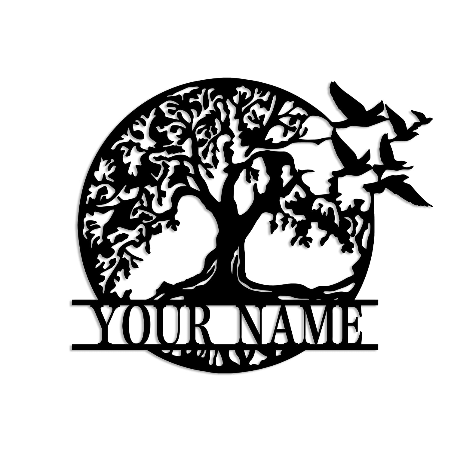 Kissesuu Tree-A Personalized Tree Of Life Metal Wall Art, Custom Tree Of Life Flying Bird Metal Sign, Family Tree Decor, Housewarming Gift, Family Name Monogram (Tree-A)