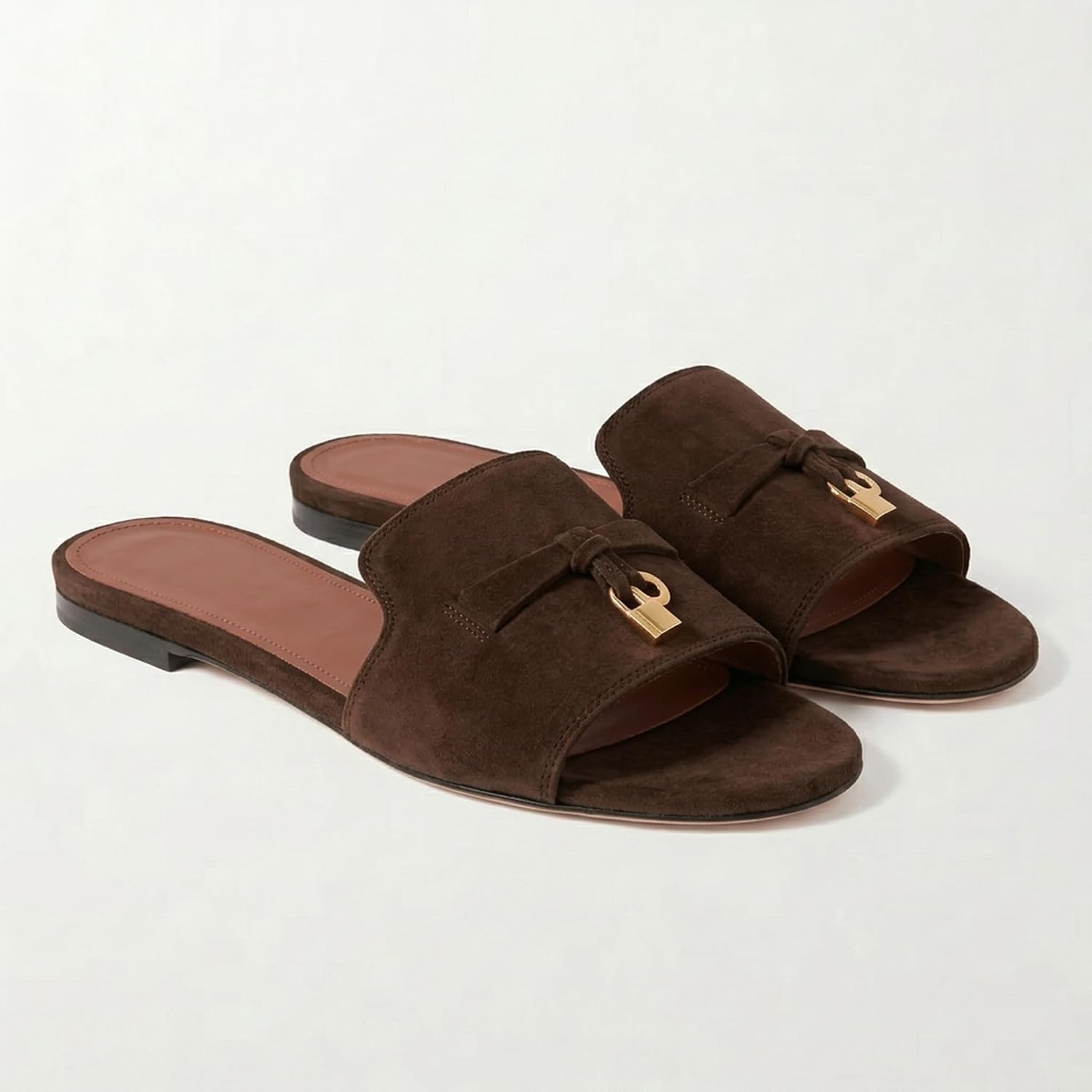 Suede Flat Sandals for Women Slip-On Almond Open Toe Backless Mule Sandals Elegant Metal Decor Comfort Dress Slides Shoes