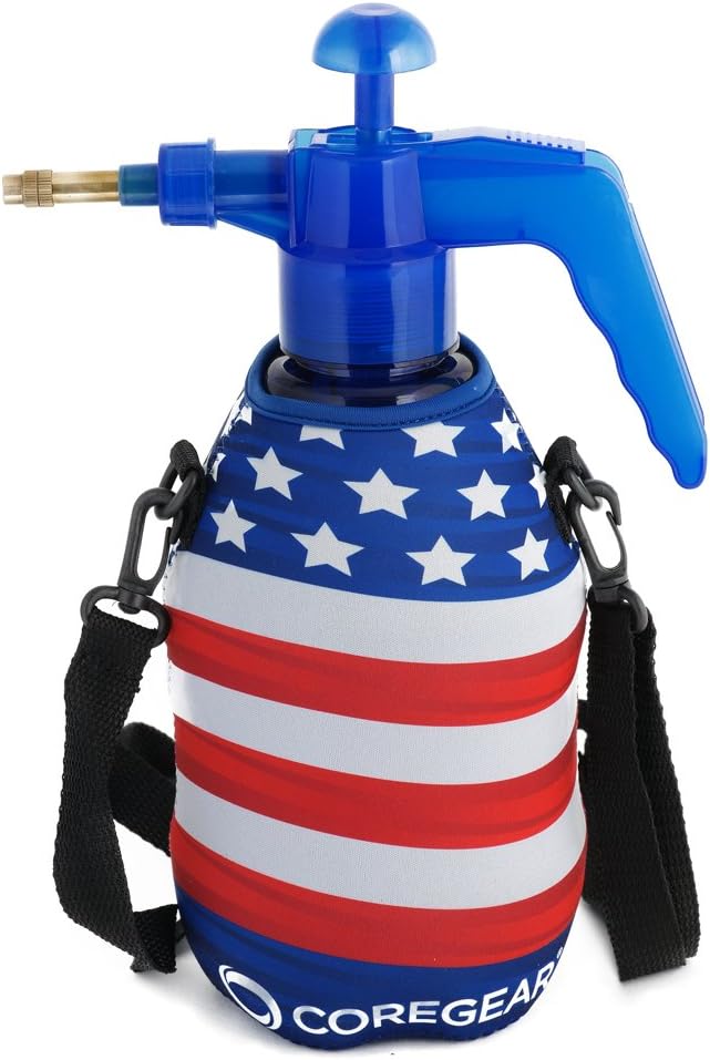 (Ultra Cool™ XLS) USA Misters 1.5 Liter Mister & Sprayer Personal Water Pump with Full Neoprene Jacket and Built-in Carrying Strap (USA Wavy Flag)