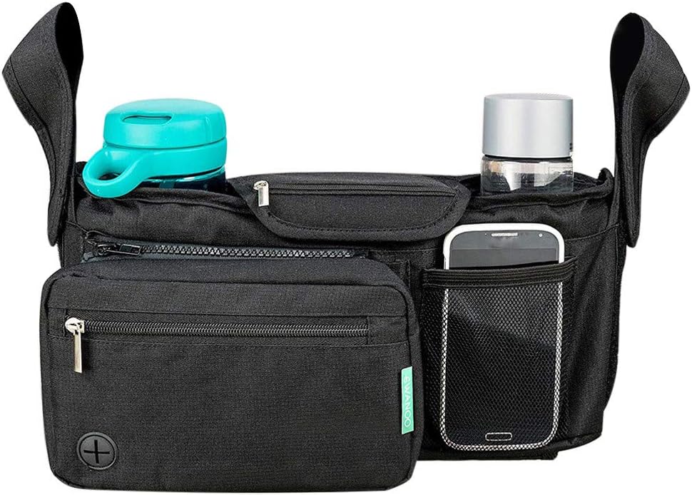 Jialili Canvas Universal Baby Trolley Removable Storage Bag Stroller Cup Carriage Pram Buggy Organizer 13.5 x 5 x 2.8 inch Black