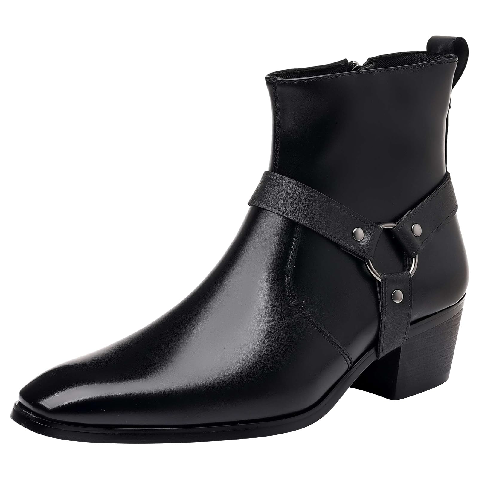 ANUFER Herren 5cm Blockabsatz Seitenreißverschluss Stiefeletten | PU-Leder, Cooler Punk-Stil, Nietriemen, Quadratischer Zeh, Elegante Stiefelschuhe